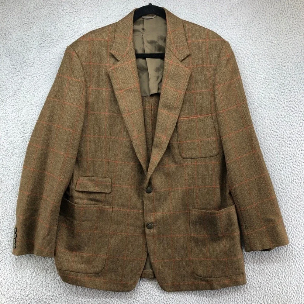 Briggs Providence Blazers Mens 2X Brown Loro Piana Wool Windowpane Check Bespoke